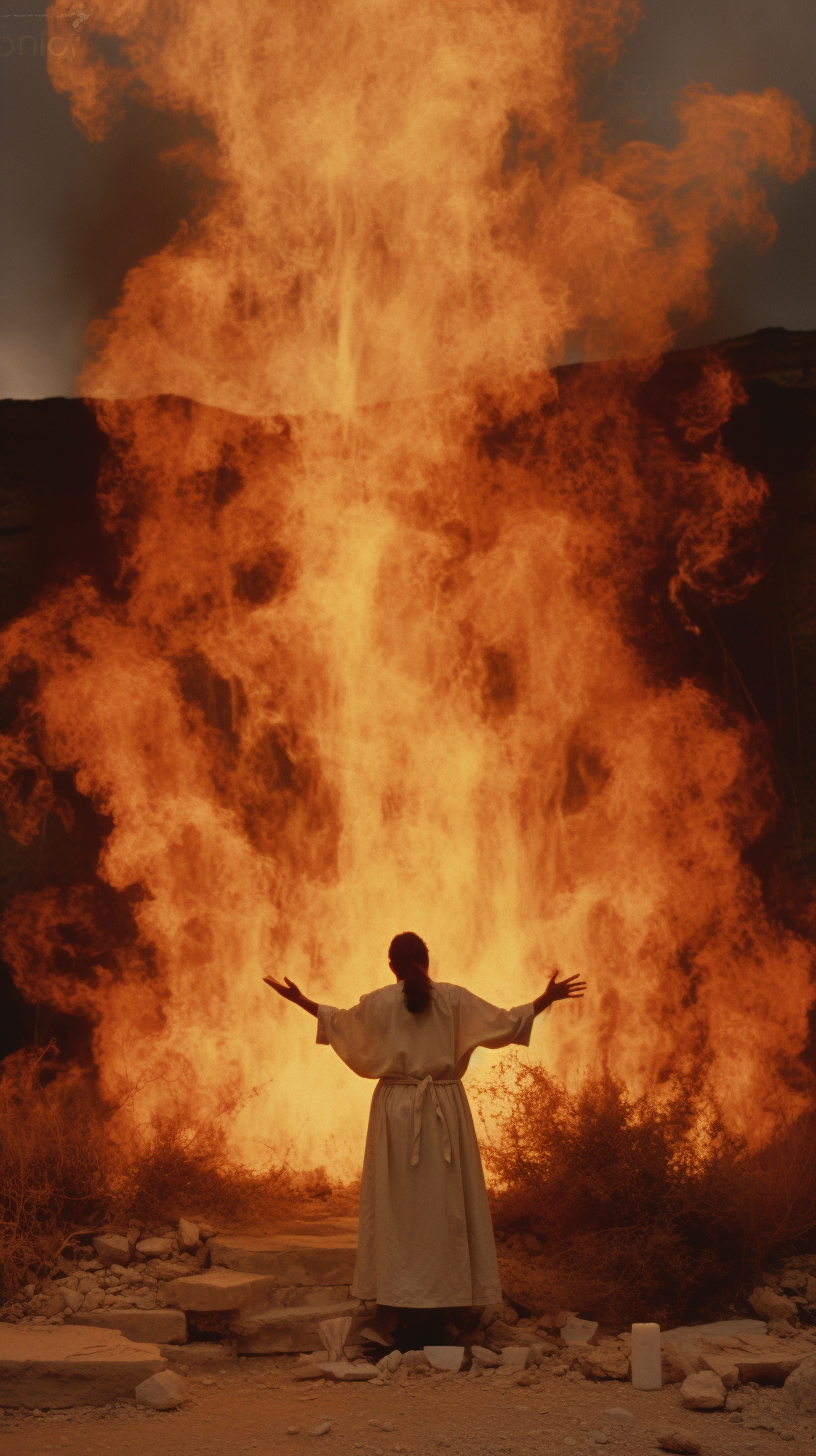 Elijah summoning fire to an altar, Dead Sea Scroll era, historical biblical event on Mount Carmel